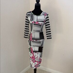 Topshop Black and White Striped Midi Dress with Pink Floral Accents